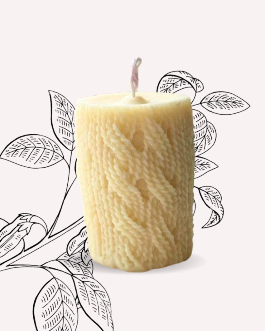 Knitted Pillar Vanilla Coconut Soy Wax Candles | Off White |Set of 2 | 5 x 7 cm / 2 x 3 inches