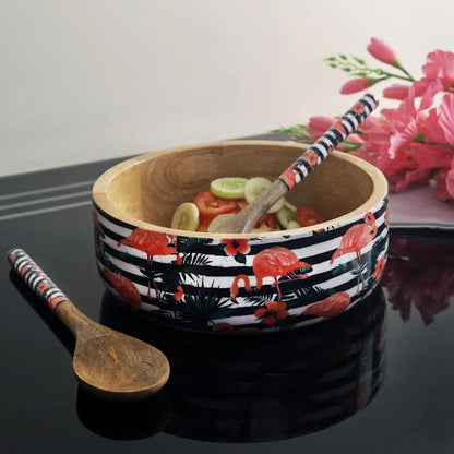 Tropical Flamingo Wooden Salad Bowl With Servers Set Default Title