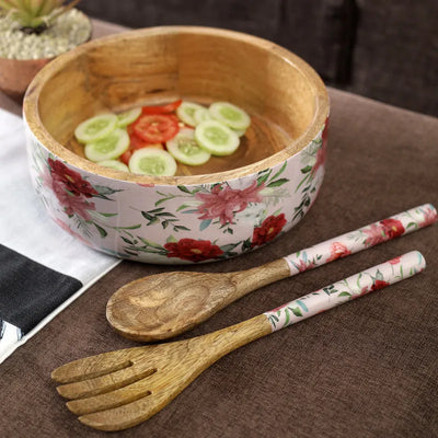 Vintage Floral Wooden Salad Bowl With Servers Set Default Title