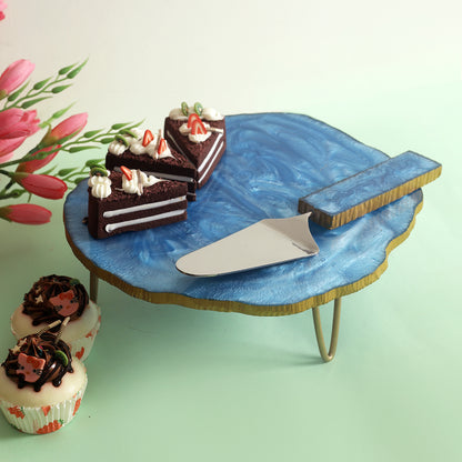 Granite Texture Cake Stand With Server | Multiple Colors Blue