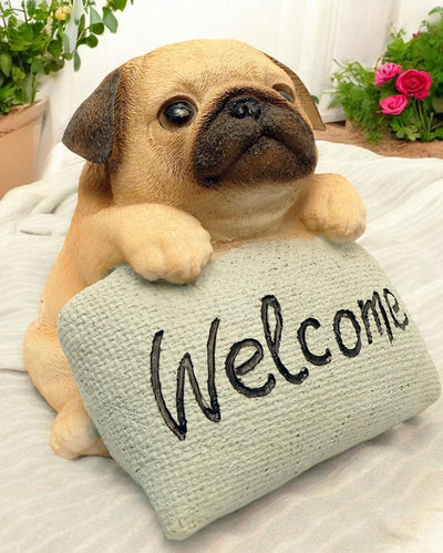 Cute Pug Welcome Sign Polyresin Figurine | 5 x 4 x 4 inches