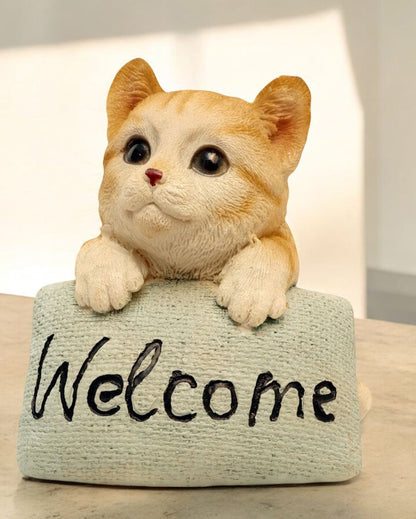 Cute Cat Welcome Sign Polyresin Figurine | 4 x 4 x 5 inches