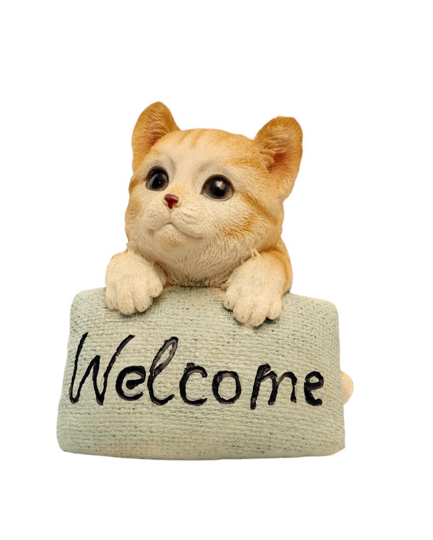 Cute Cat Welcome Sign Polyresin Figurine | 4 x 4 x 5 inches