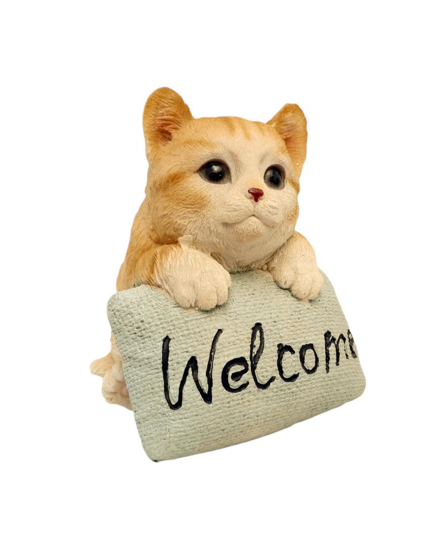 Cute Cat Welcome Sign Polyresin Figurine | 4 x 4 x 5 inches