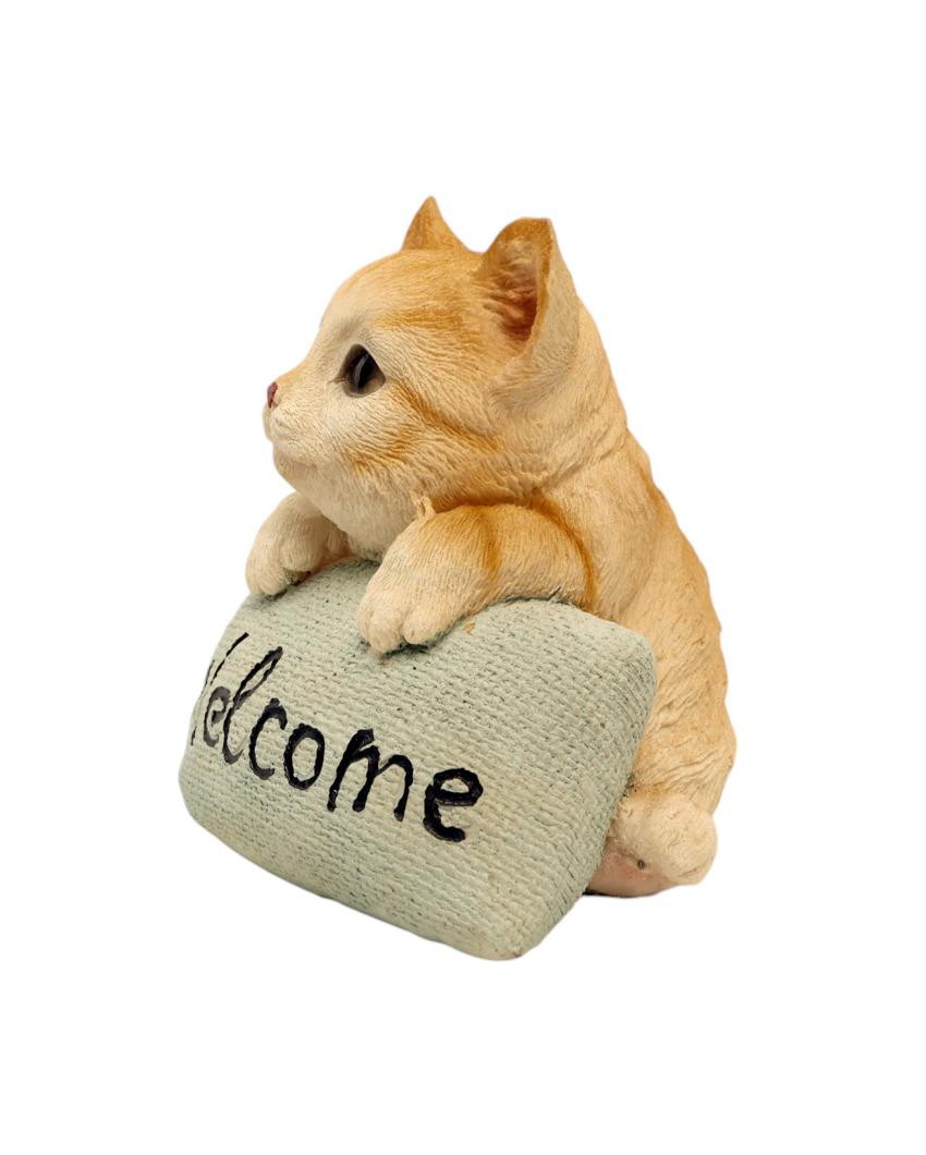 Cute Cat Welcome Sign Polyresin Figurine | 4 x 4 x 5 inches