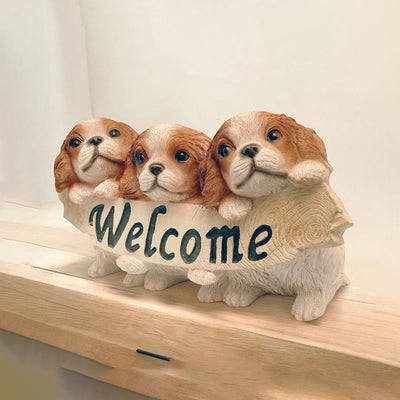 Three Little Puppies Welcome Sign Polyresin Figurine | 10 x 5 x 6 inches