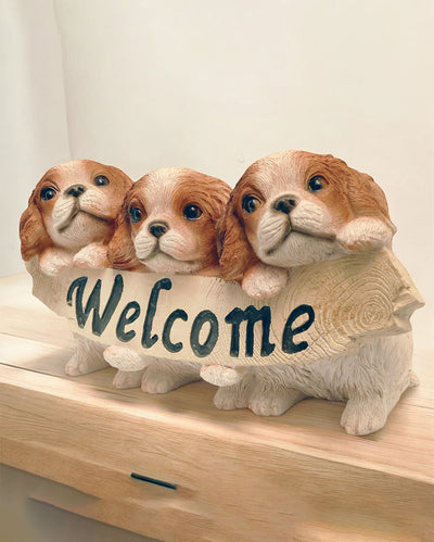 Three Little Puppies Welcome Sign Polyresin Figurine | 10 x 5 x 6 inches