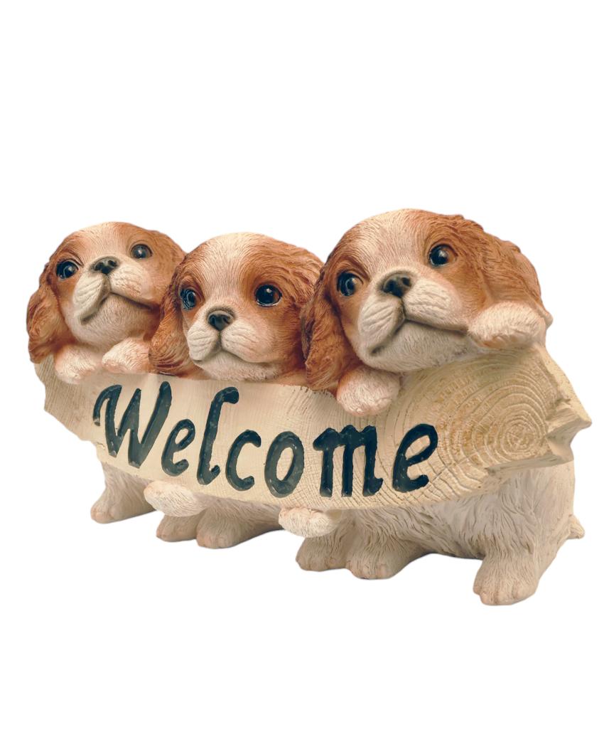 Three Little Puppies Welcome Sign Polyresin Figurine | 10 x 5 x 6 inches