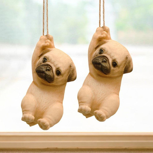 Rope Hanging Cute Pug Polyresin Figurine | Set of 2 | 3 x 3 x 6 inches