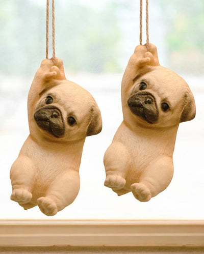 Rope Hanging Cute Pug Polyresin Figurine | Set of 2 | 3 x 3 x 6 inches