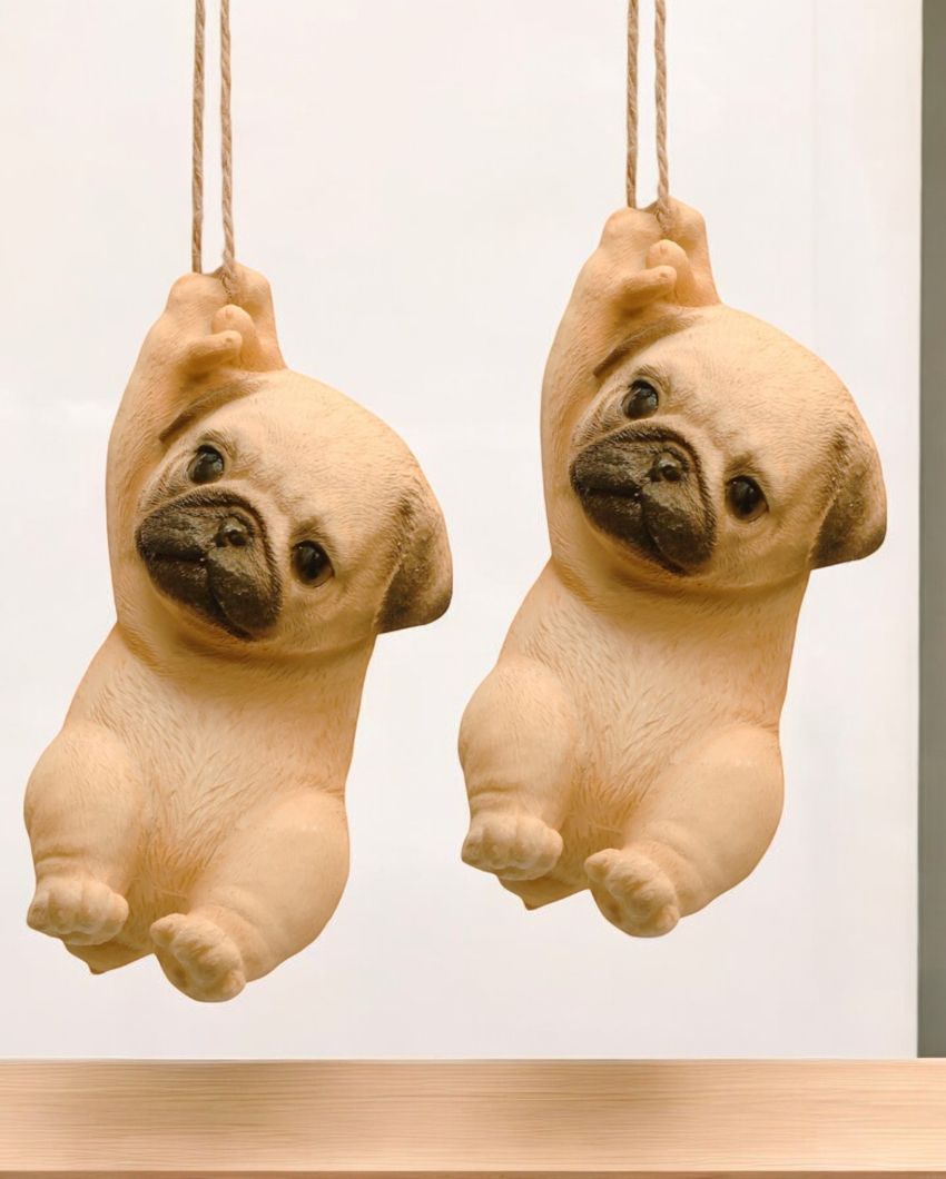 Rope Hanging Cute Pug Polyresin Figurine | Set of 2 | 3 x 3 x 6 inches