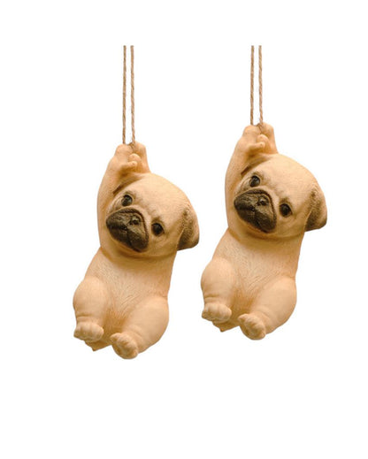 Rope Hanging Cute Pug Polyresin Figurine | Set of 2 | 3 x 3 x 6 inches