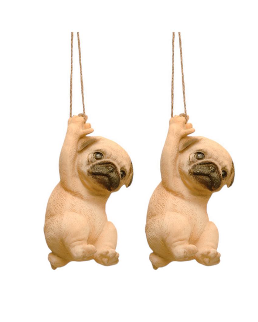 Rope Hanging Cute Pug Polyresin Figurine | Set of 2 | 3 x 3 x 6 inches