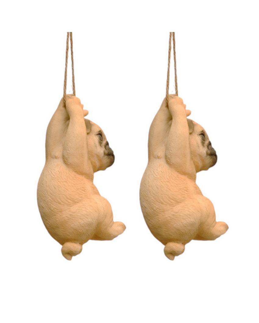 Rope Hanging Cute Pug Polyresin Figurine | Set of 2 | 3 x 3 x 6 inches