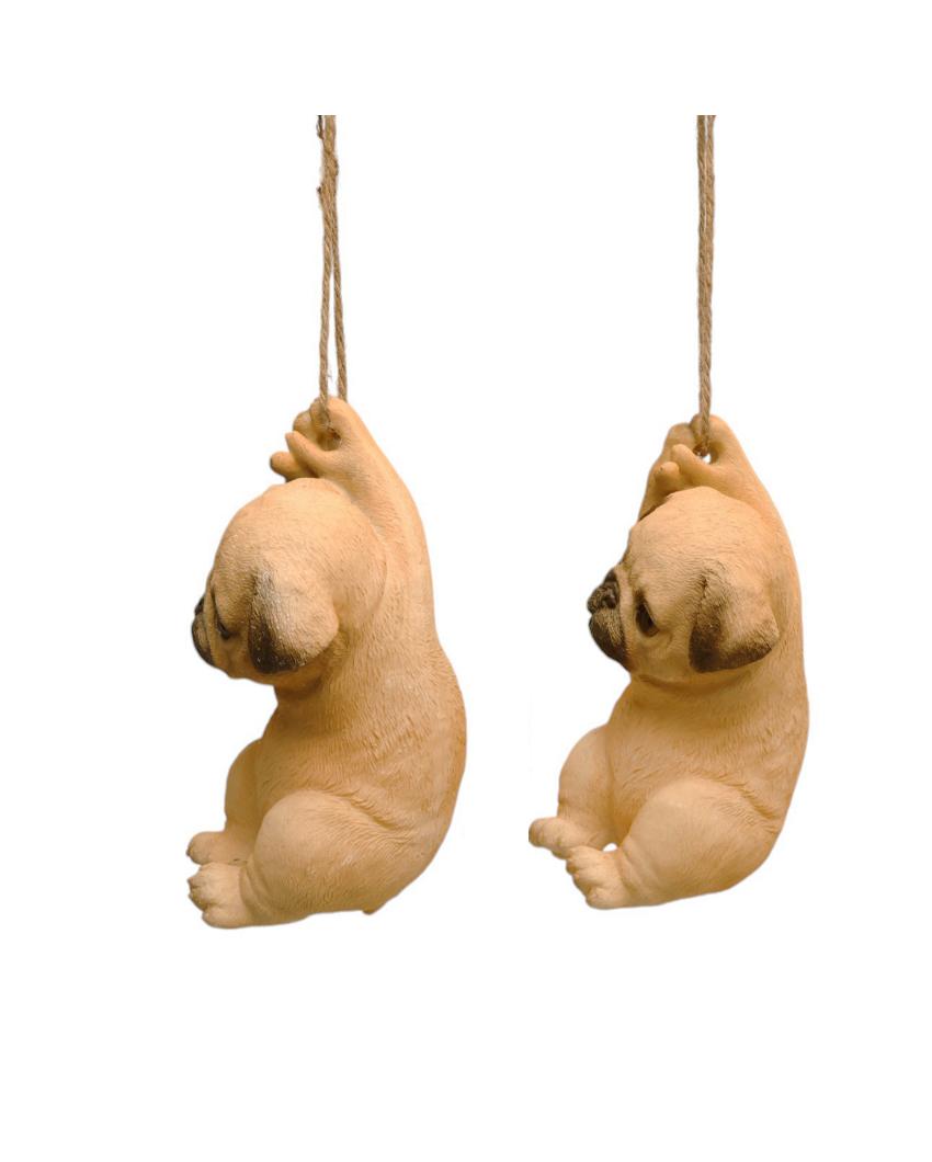 Rope Hanging Cute Pug Polyresin Figurine | Set of 2 | 3 x 3 x 6 inches