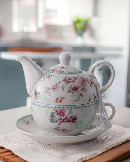 Light Floral Kettle, Teacup & Saucer Set
