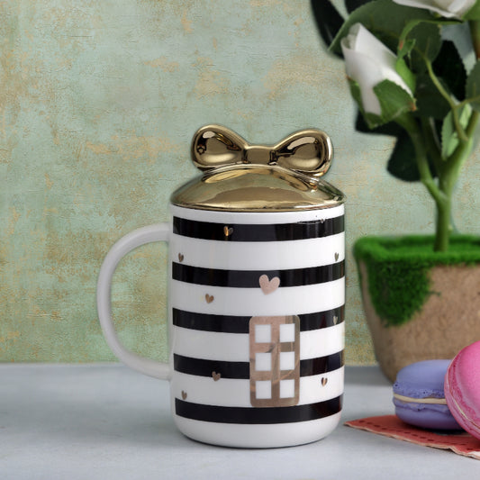 Cute Door Striped Mug with Bow Lid | 350 ml | Multiple Colors Black