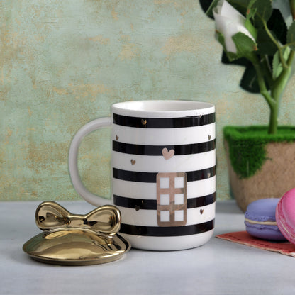 Cute Door Striped Mug with Bow Lid | 350 ml | Multiple Colors Black