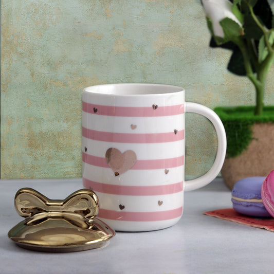 Cute Heart Striped Mug with Bow Lid | 350 ml | Multiple Colors Pink