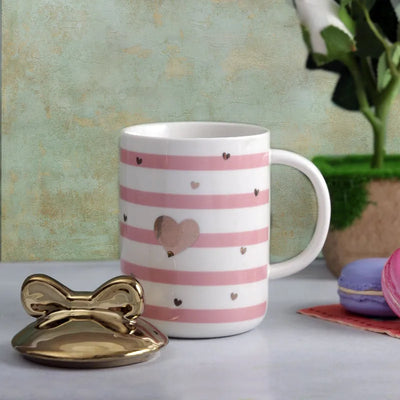 Cute Heart Striped Mug with Bow Lid | 350 ml | Multiple Colors Pink