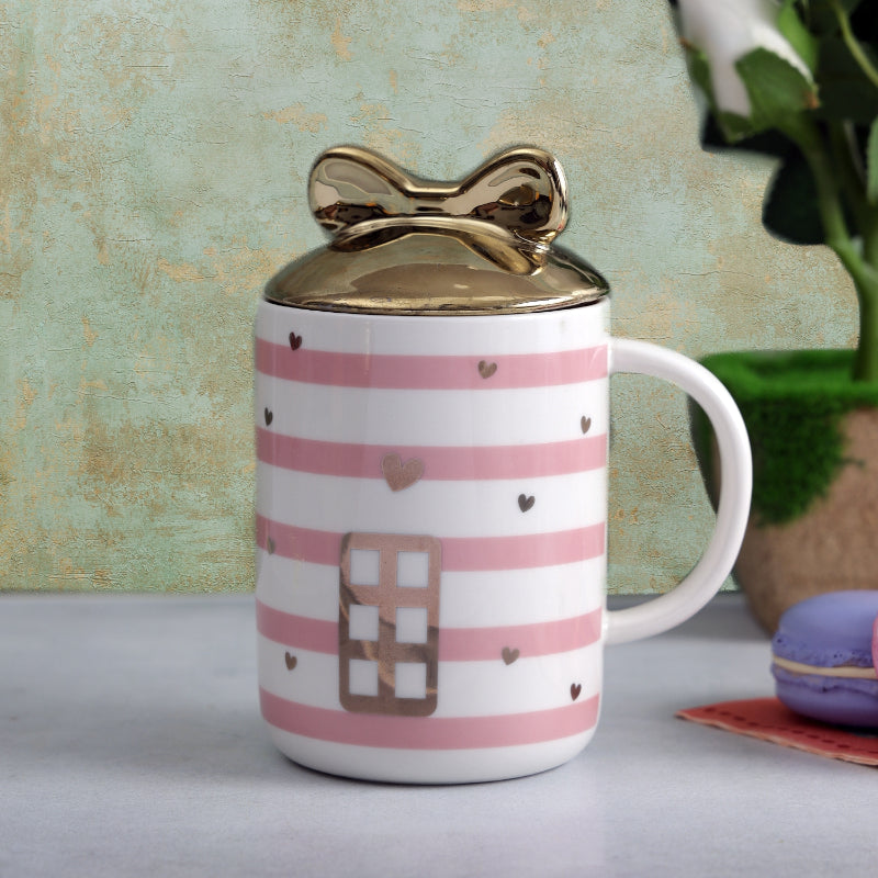 Cute Door Striped Mug with Bow Lid | 350 ml | Multiple Colors Pink