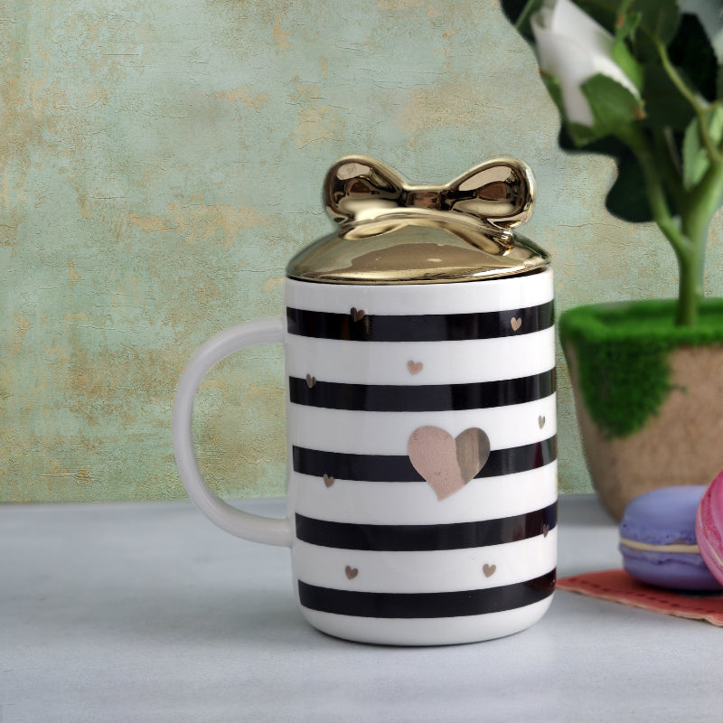Cute Heart Striped Mug with Bow Lid | 350 ml | Multiple Colors Black