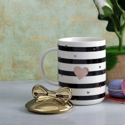 Cute Heart Striped Mug with Bow Lid | 350 ml | Multiple Colors Black