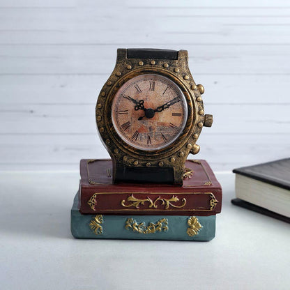 Gold Vintage Resin Clock & Books Decoration Accent