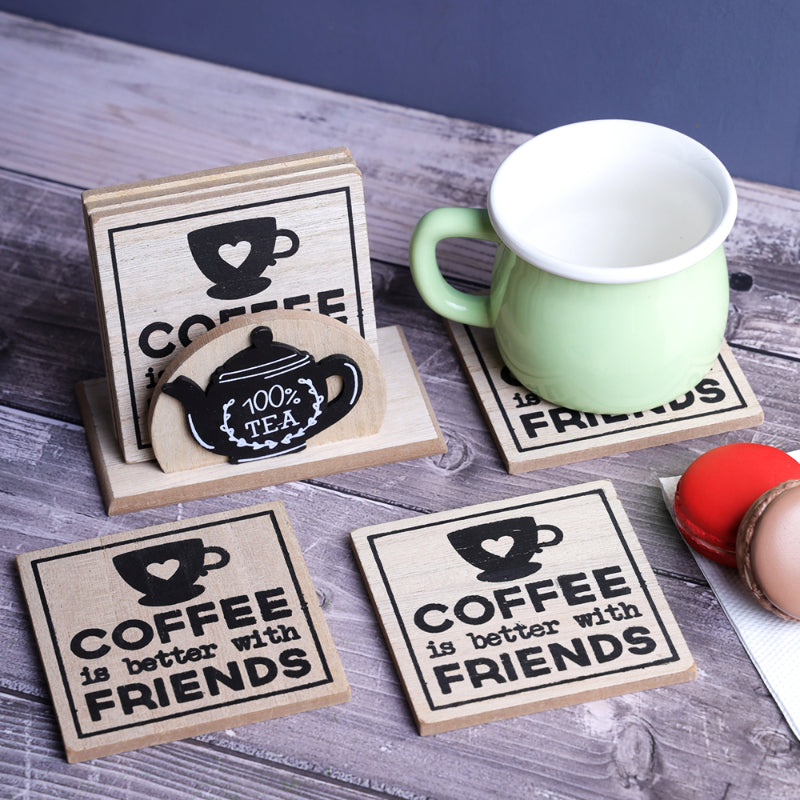 Coffee & Friends Wooden Coaster | Set Of 6 Default Title