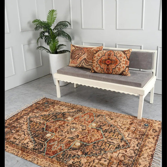 Golden Oasis Handloom Cotton Embroidered Rug