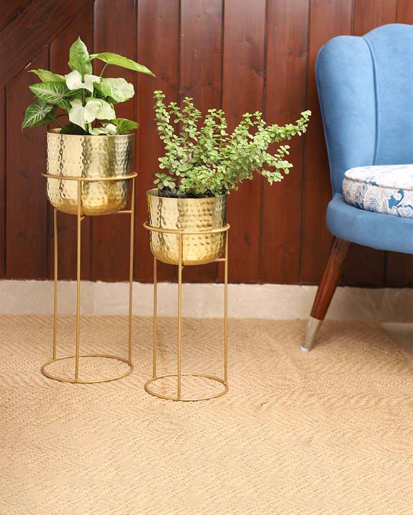 Allura Gold Hammered Metal Planters with Stands | Set Of 2 | Plant not included