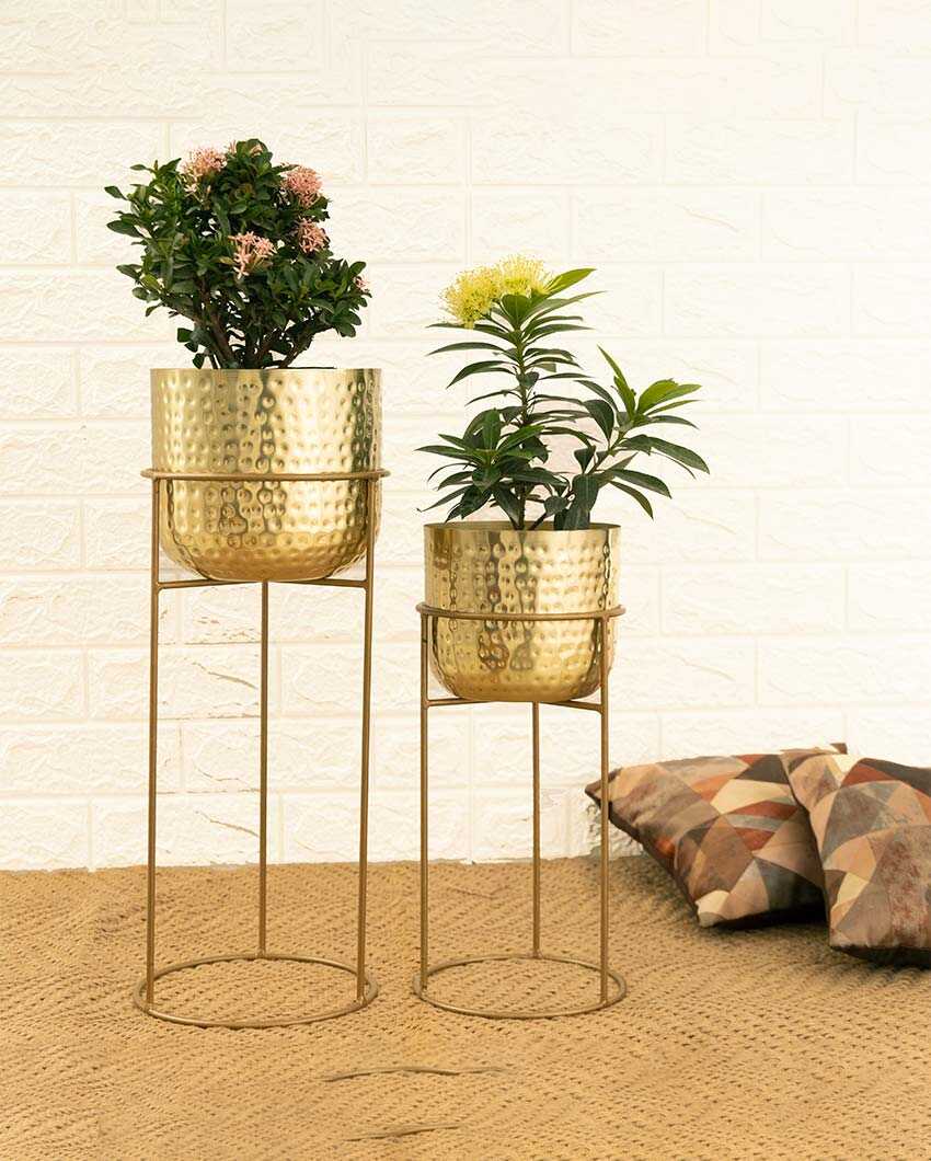 Allura Gold Hammered Metal Planters with Stands | Set Of 2 | Plant not included