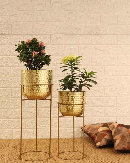 Allura Gold Hammered Metal Planters with Stands | Set Of 2 | Plant not included