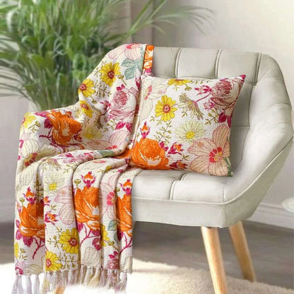 Floral Garden Cotton Printed Throw With Cushion Cover