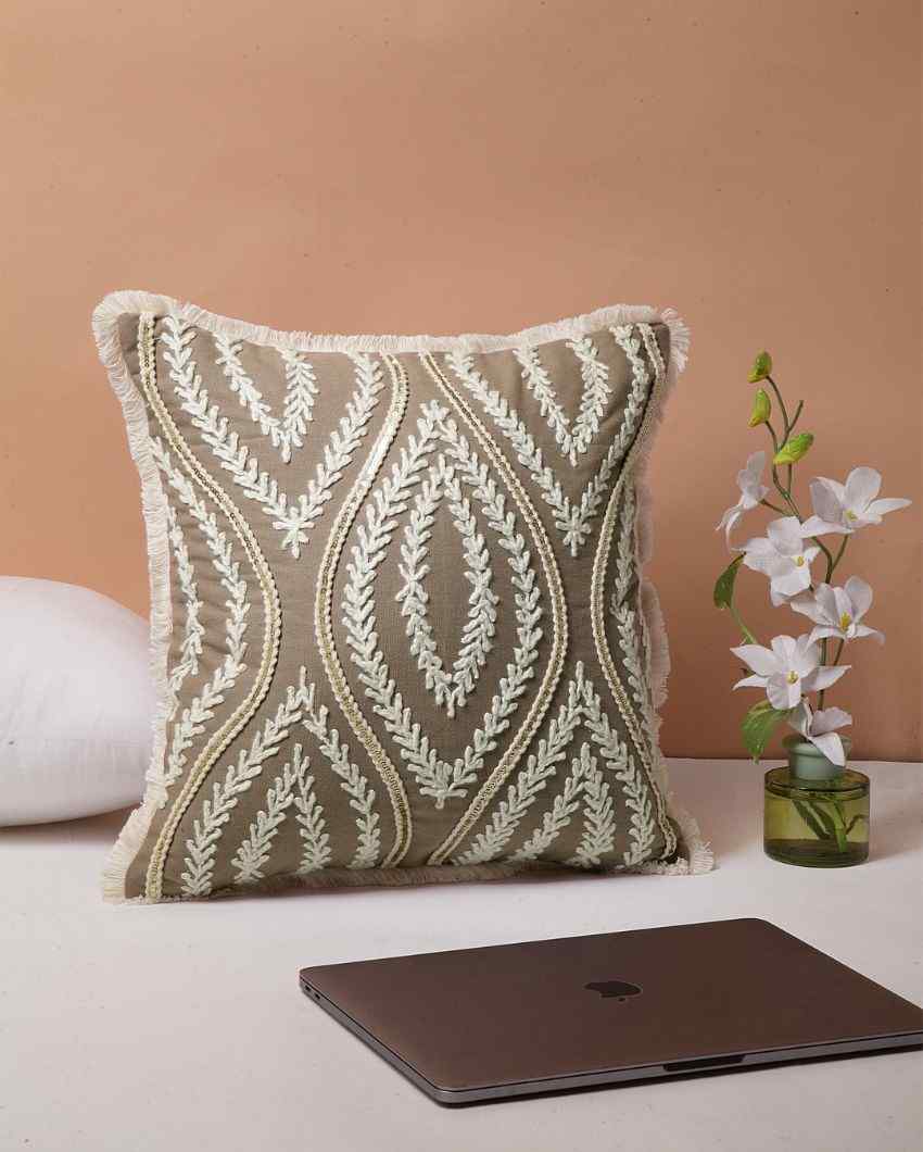 Serene Leaf Hand Embroidery Cotton Cushion Cover | 16 x 16 inches