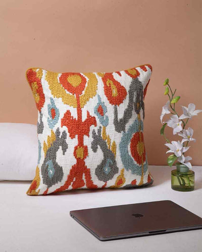 Peppy Ikat Embroidered Cotton Cushion Cover | 16 x 16 inches