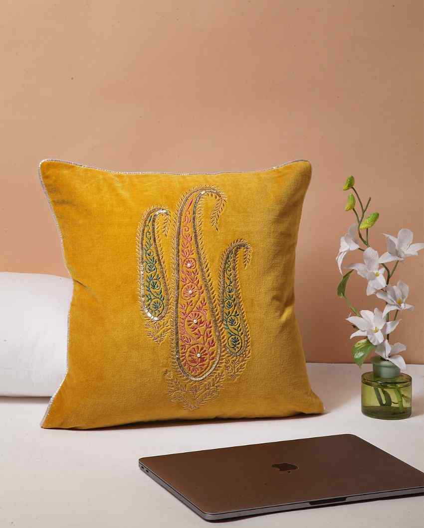 Panache Ochre Embroidered Cotton Cushion Cover | 16 x 16 inches
