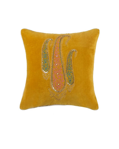 Panache Ochre Embroidered Cotton Cushion Cover | 16 x 16 inches
