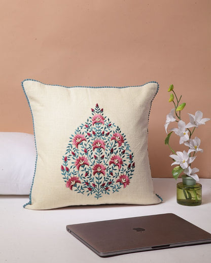 Mughal Garden Embroidered Cotton Cushion Cover | 16 x 16 inches
