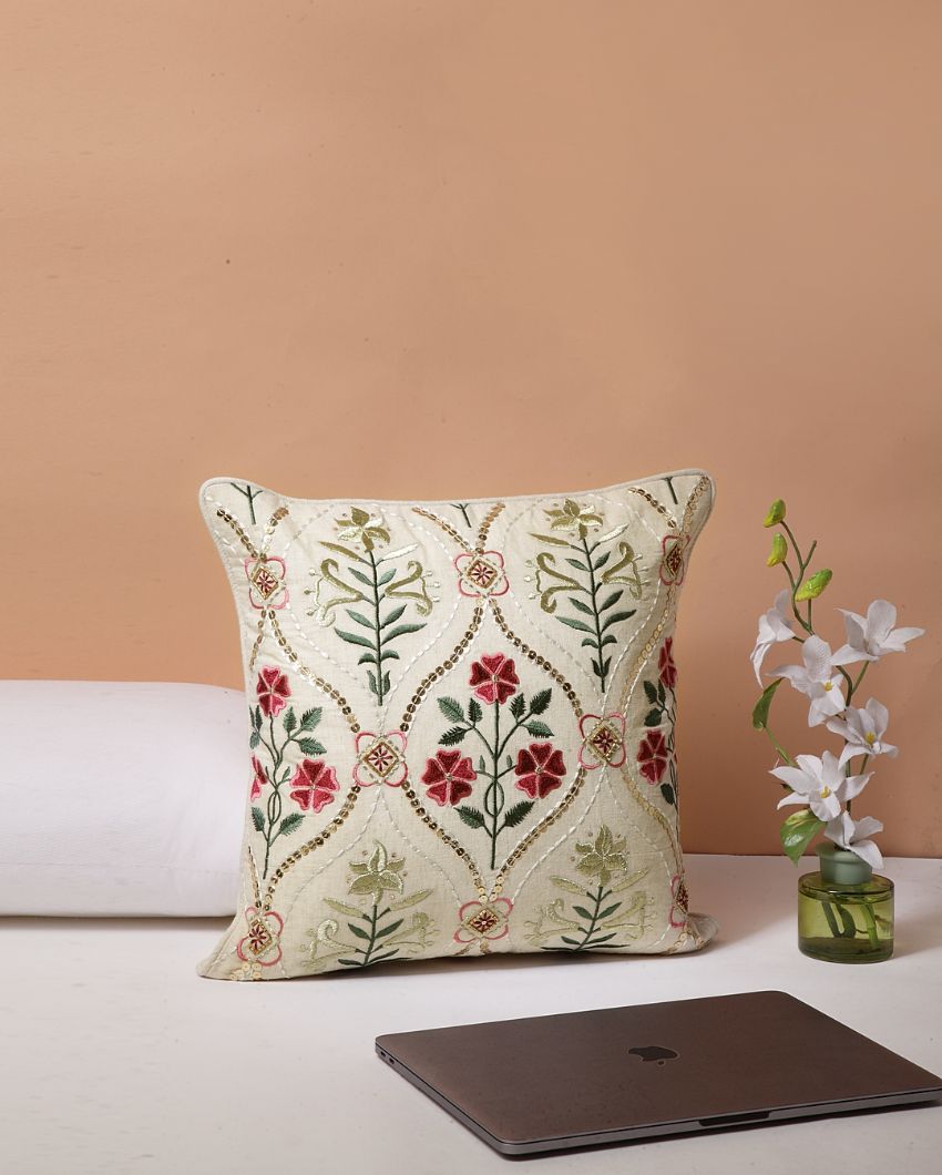 Phulwari Embroidered Cotton Cushion Cover | 16 x 16 inches