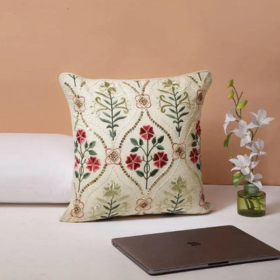 Phulwari Embroidered Cotton Cushion Cover | 16 x 16 inches