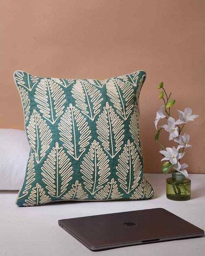 Blue Fern Embroidered Cotton Cushion Cover | 16 x 16 inches