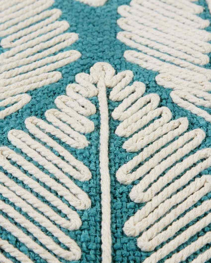Blue Fern Embroidered Cotton Cushion Cover | 16 x 16 inches