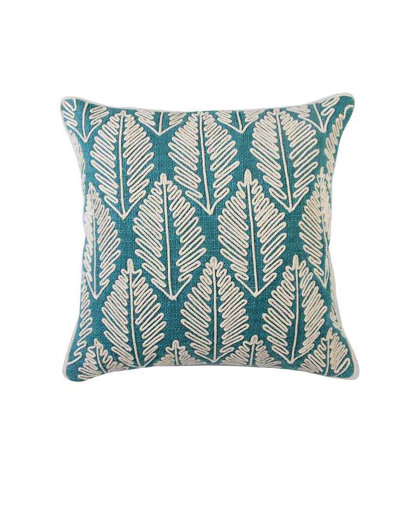 Blue Fern Embroidered Cotton Cushion Cover | 16 x 16 inches