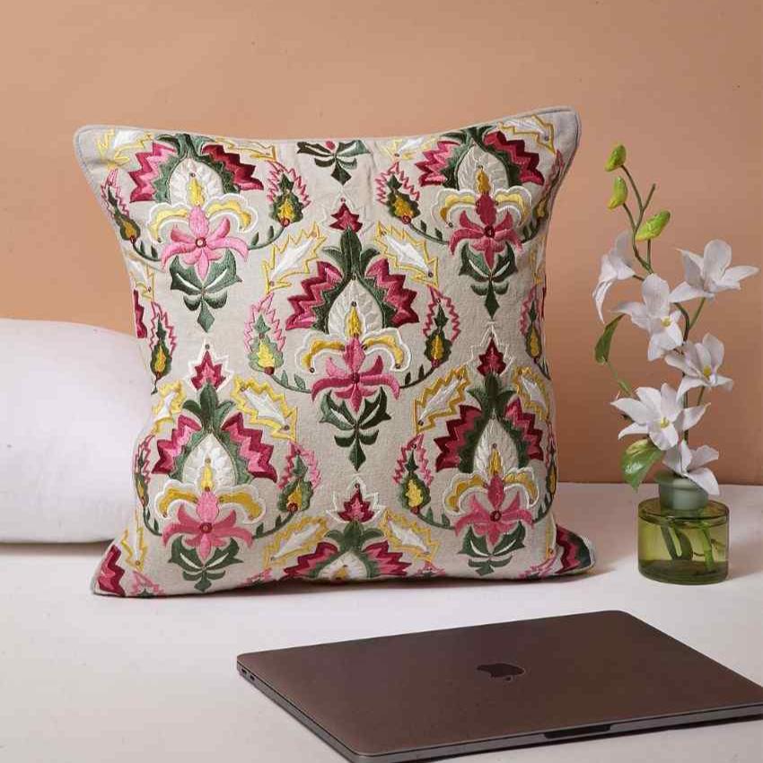 Ambavati Embroidered Cotton Cushion Cover | 16 x 16 inches