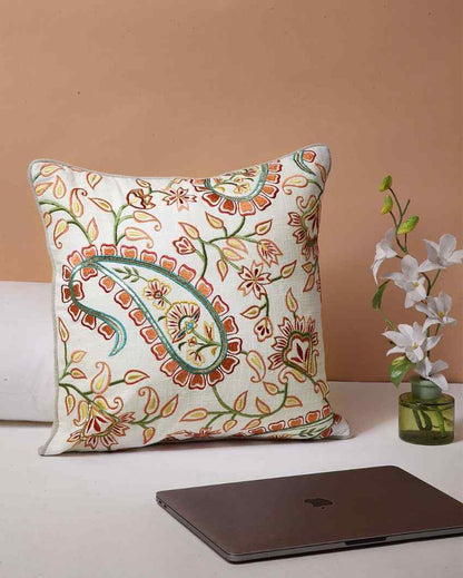 Mango Garden Embroidered Cotton Cushion Cover | 16 x 16 inches