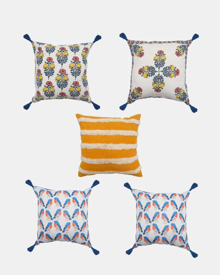 Floral Printed Cotton Cushion Covers | Set Of 5 | 16 x 16 inches