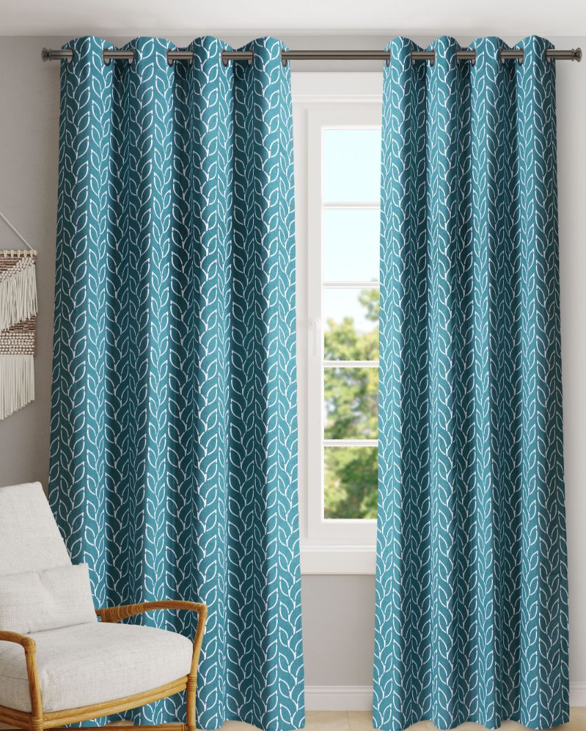 Branchlet Teal Cotton Polyester Printed Door Curtain | Set of 2 | 7 x 4 Feet