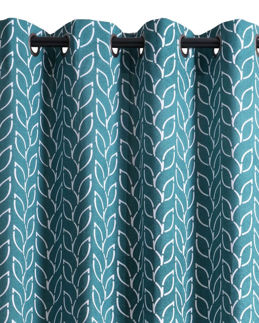 Branchlet Teal Cotton Polyester Printed Door Curtain | Set of 2 | 7 x 4 Feet