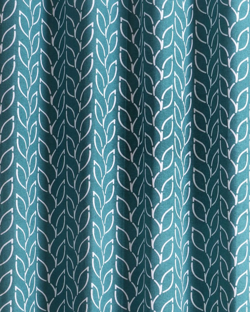 Branchlet Teal Cotton Polyester Printed Door Curtain | Set of 2 | 7 x 4 Feet